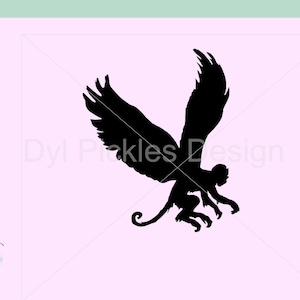 May include: Black silhouette of a winged monkey with its wings spread out. The monkey is in mid-flight with its tail curled behind it.