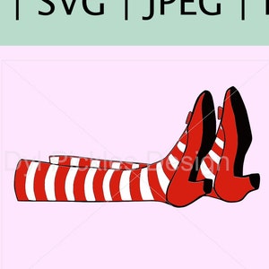 May include: Red and white striped stockings with red shoes. The shoes have black heels and are pointed.