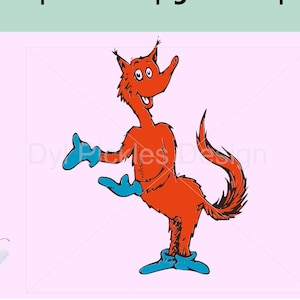 May include: A red fox with blue mittens and boots, standing on two legs with its tail curled behind it. The fox is smiling and has a surprised expression on its face.