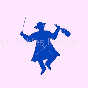 Może przedstawiać: Niebieska sylwetka osoby grającej na skrzypcach. Osoba nosi kapelusz i trzyma smyczek w lewej ręce, a skrzypce w prawej.