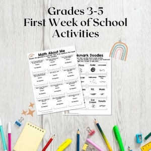 May include: Black and white printable worksheets for grades 3-5. The first worksheet is titled "Math About Me" and has questions for students to answer about themselves. The second worksheet is titled "Bookmark Doodles" and has a variety of doodles for students to color.