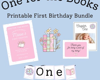 One for the Books 1st Birthday Printable Bundle: Storybook Theme (Canva Templates)
