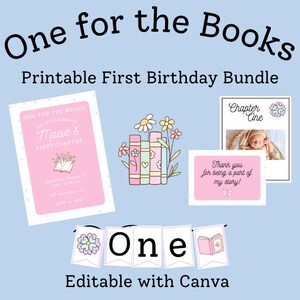One for the Books First Birthday Bundle Girl | Book Theme Party Decor | Printable