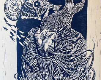 navy blue mermaid linocut print • surreal art • 4x6 print on 8x10 bfk paper