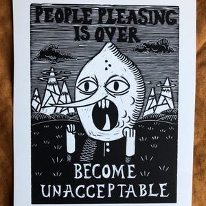 Stampa artistica originale in linoleografia del personaggio di Adventure Time di Lemongrab "People Pleasing is Over" - stampa artistica di Adventure Time - stampa artistica 6x8
