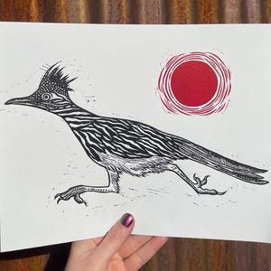 roadrunner linocut print - original art print - wildlife art - joshua tree souvenir - 8x10 linocut print