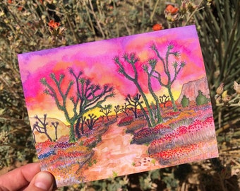 Joshua Tree Original Ink and Watercolor Art Greeting Card “Wildflower Walk”