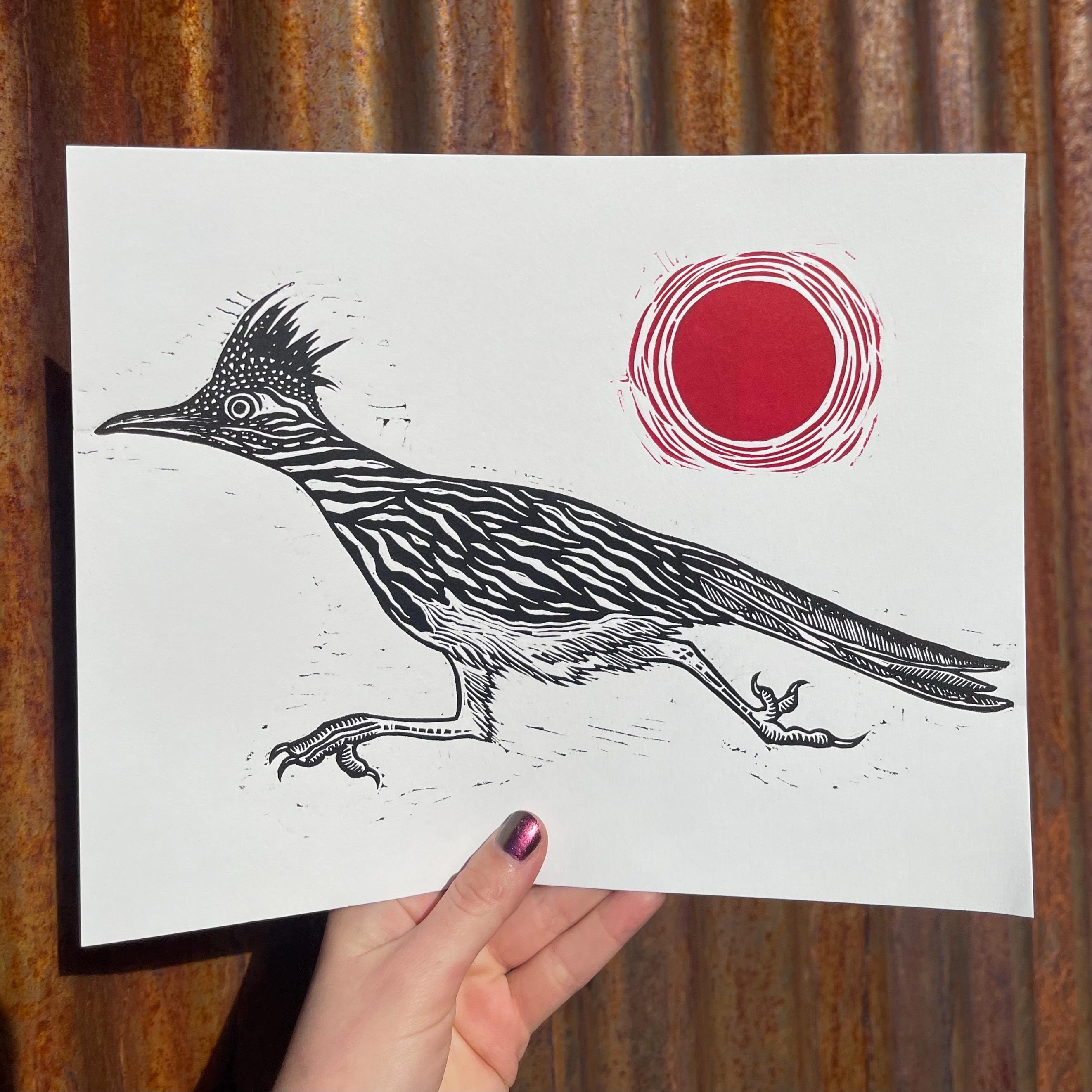 roadrunner linocut print - original art print - wildlife art - joshua tree souvenir - 8x10 linocut print