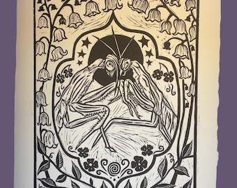 praying mantis linocut • lily of the valley art • 6x8 linocut folk art • cottagecore art • fairycore print