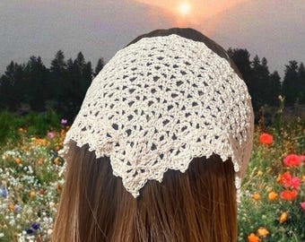 The Dahlia Lace Head Scarf • Crochet bandana • vintage style accessory • made to order just for you • handmade 100% cotton veil