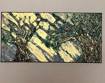 Jordan Livingston Original 10 by 20 Acrylic paint and Glue painting called Sun Beams in Forest Trees