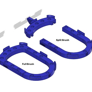 May include: Two blue plastic brush holders, one with a full oval opening and the other with a split opening. The full brush holder is labeled "Full Brush" and the split brush holder is labeled "Split Brush".