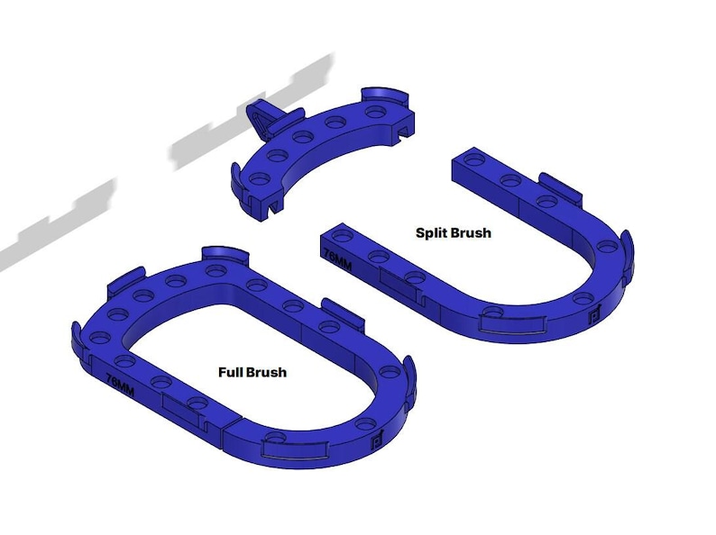 May include: Two blue plastic brush holders, one with a full oval opening and the other with a split opening. The full brush holder is labeled "Full Brush" and the split brush holder is labeled "Split Brush".
