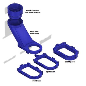 May include: A blue plastic dust boot with a quick connect dust hose adapter, a main body, a boot spacer, a split brush, and a full brush.