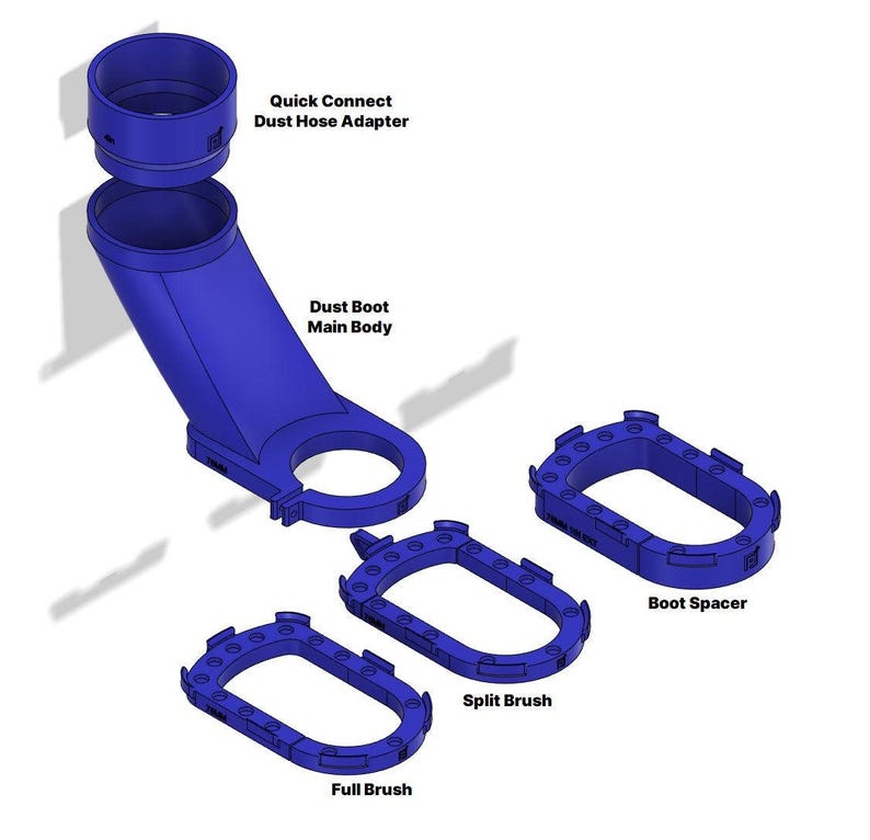 May include: A blue plastic dust boot with a quick connect dust hose adapter, a main body, a boot spacer, a split brush, and a full brush.