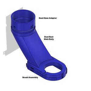 May include: A blue plastic dust collection system with a hose adapter, dust boot, and brush assembly. The brush assembly has a 75mm diameter.