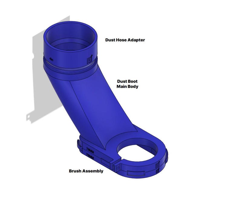 May include: A blue plastic dust collection system with a hose adapter, dust boot, and brush assembly. The brush assembly has a 75mm diameter.