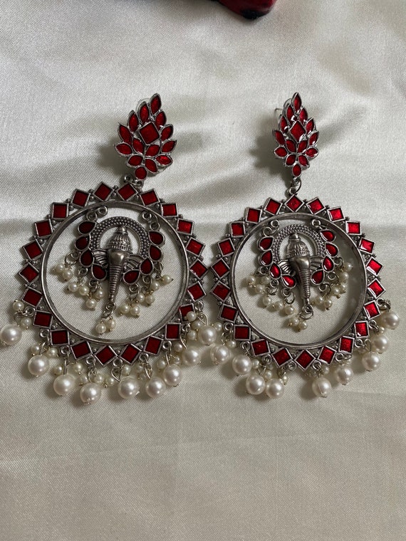Silver Red Oxidised Chandbali Earrings