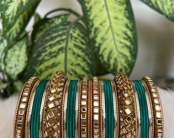 Buy Beautiful Kundan Rama Green Golden Bangles Set Perfect