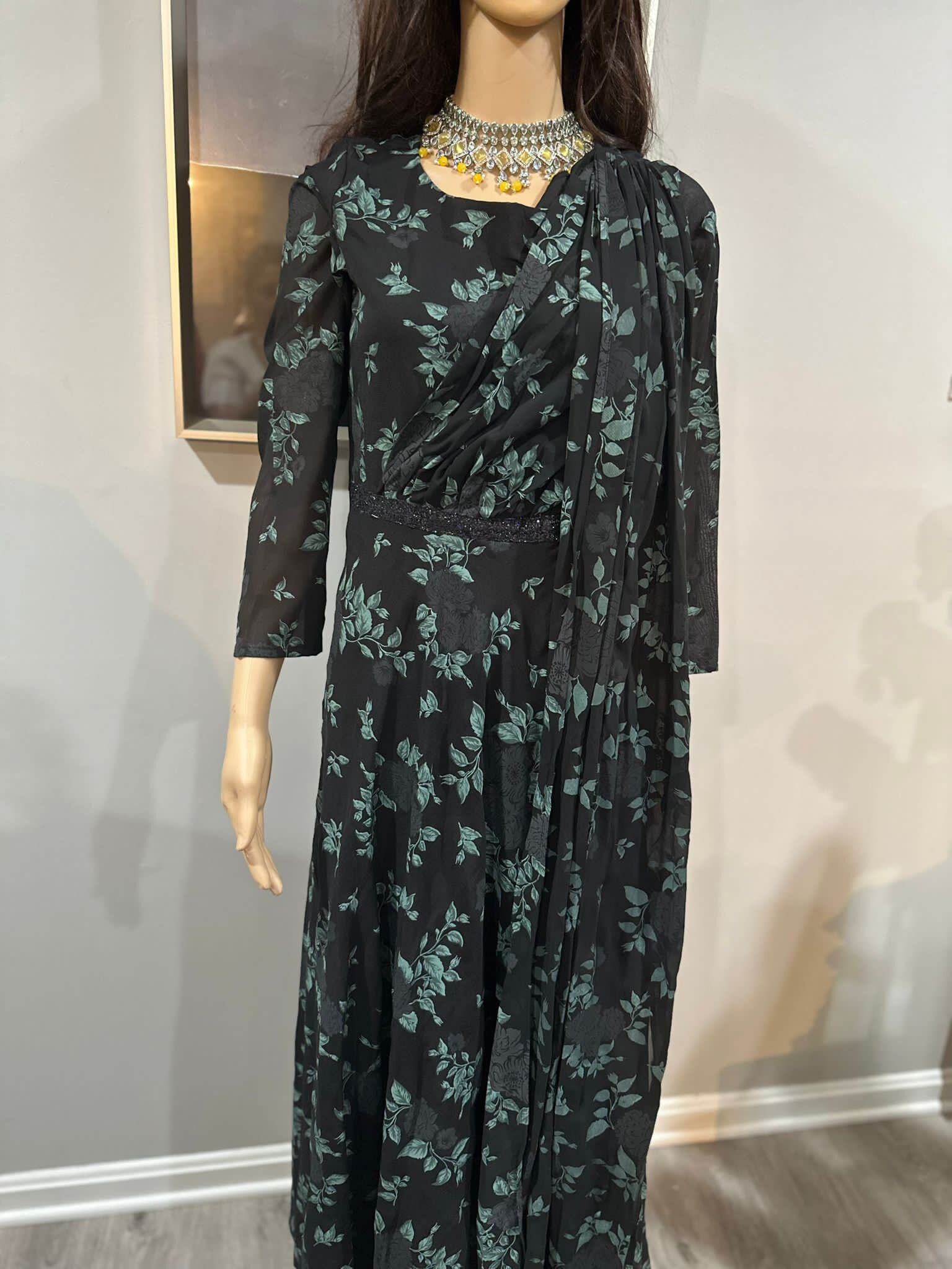 green emerald velvet dress Elliatt Elysia Tiered Gown in Black & Green Floral