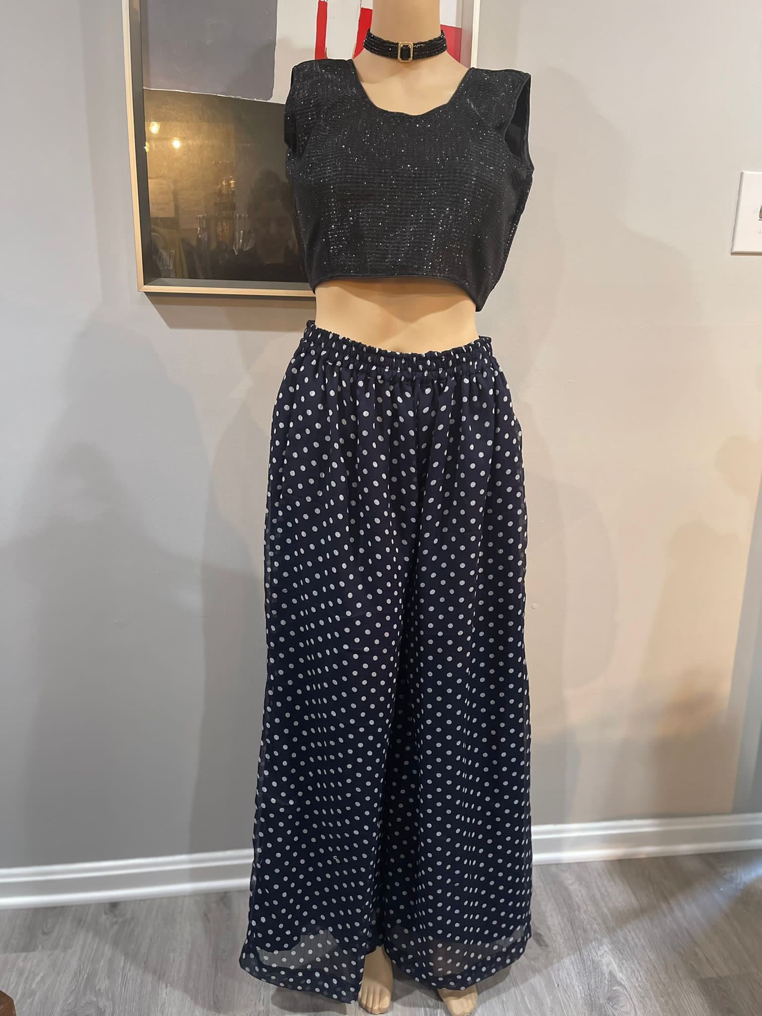 Navy Polka Frilly Top with Floral Print Palazzo Set