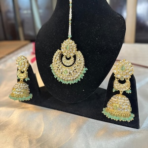 1. Kundan Earrings & Tikka Set: Sea Green Stone