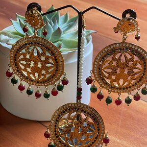 Gold Plated Jadhau Earrings & Tikka Set