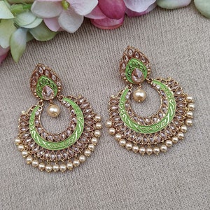 Green Gold Plated Kundan Meenakari Chandbali Earrings