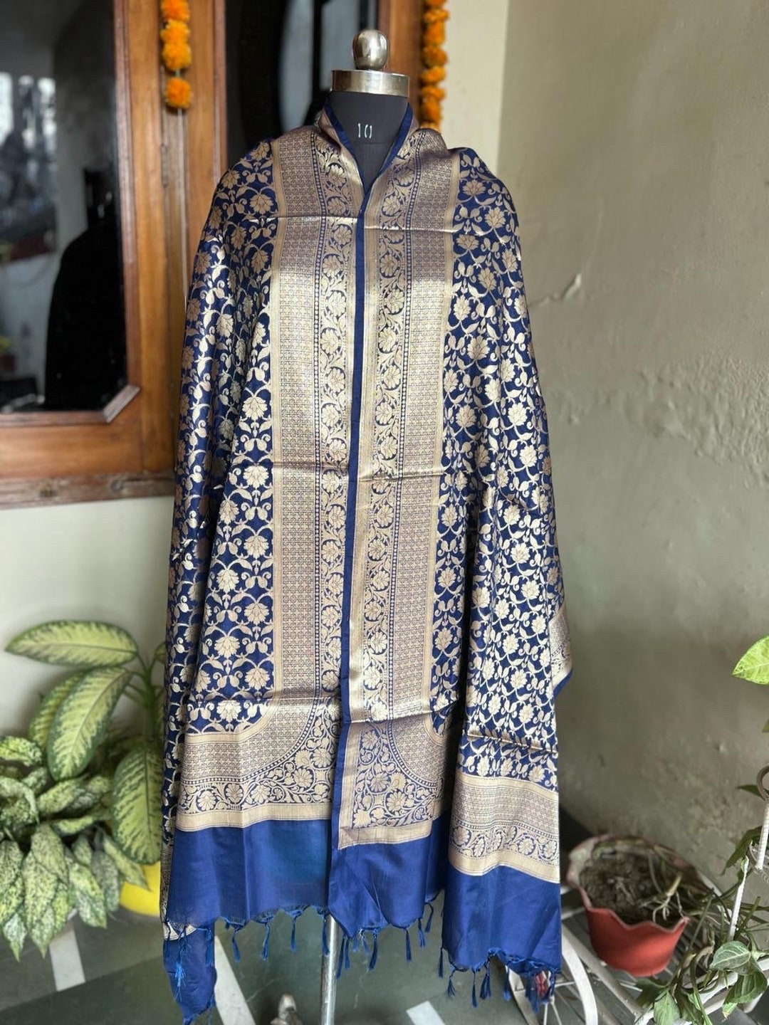 Navy Blue Printed Cotton Blend Dupatta