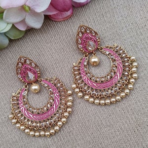 Pink Gold Plated Kundan Meenakari Chandbalis