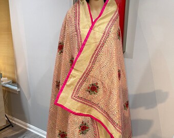 Golden and Red Ethnic Motifs Embroidered Dupatta with kantha work