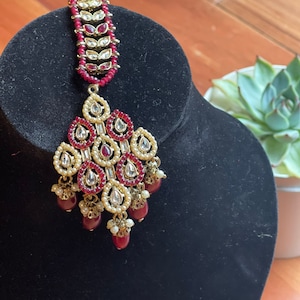 Gold plated Red and golden Dangling Beaded Maang tikka