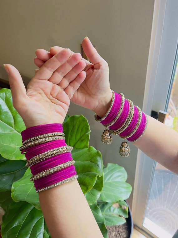 Fashionable Hot Pink & Gold Bangles Set 