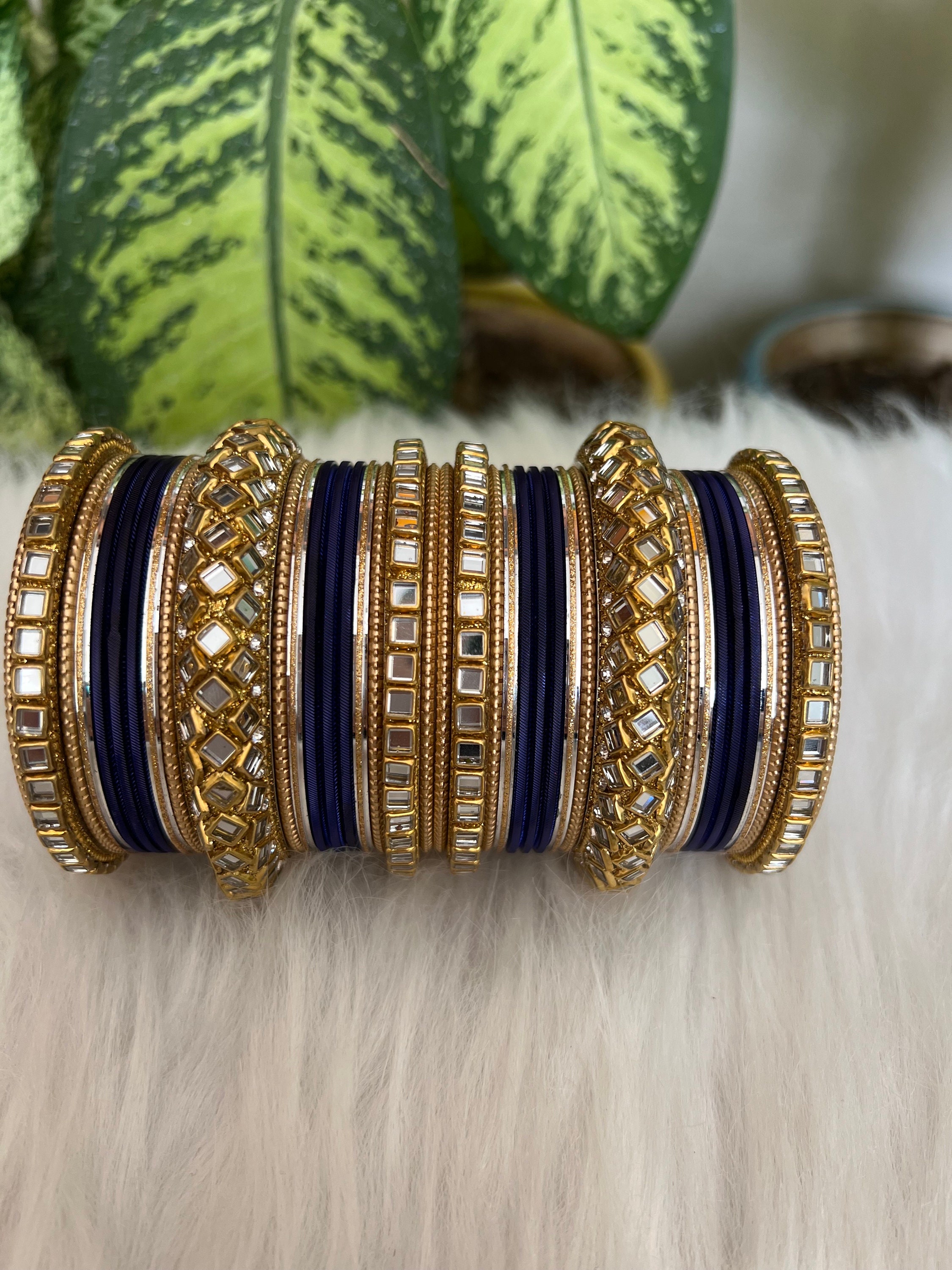Beautiful Kundan Navy Blue & Golden Bangles Set - Perfect  🎡Handmade Navy Blue Silk Wrapped Kundan Stone Bangles - Set of 2 main image 0