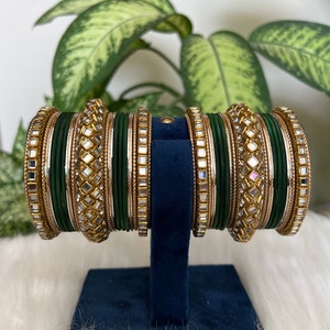 Beautiful Kundan  Dark green   & Golden Bangles Set - Perfect Accessory