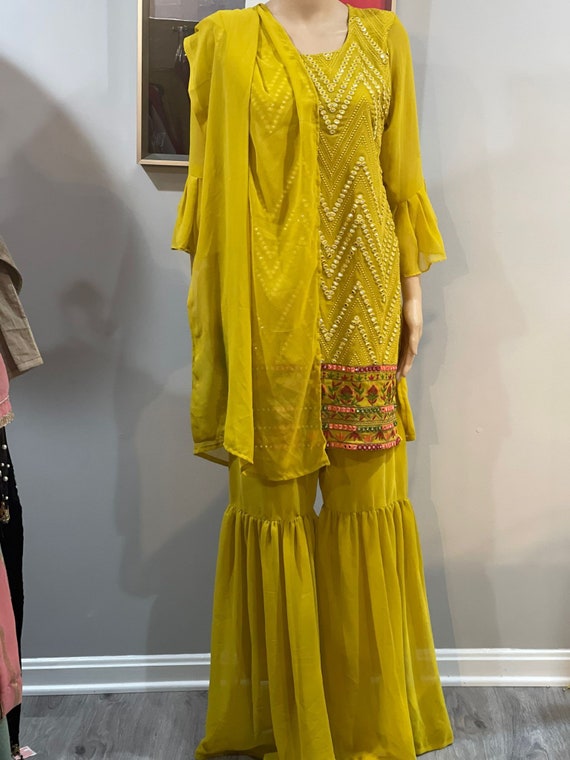 Yellow Mirror Work Ethnic Gown | Ethnic wear USA – Ria Fashions