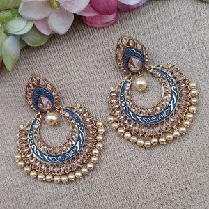 Blue Gold Plated Kundan Meenakari Chandbalis