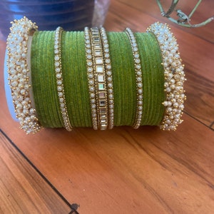 Embellished Bangles Set - Mehndi Color & Sparkling Stones