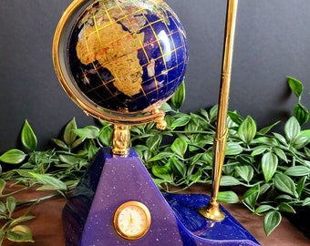 Vintage Gemstone Globe on Lapis Composite Base with Clock & Pen