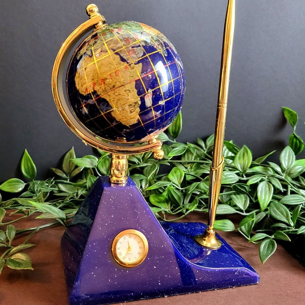 Vintage Gemstone Globe on Lapis Composite Base with Clock & Pen