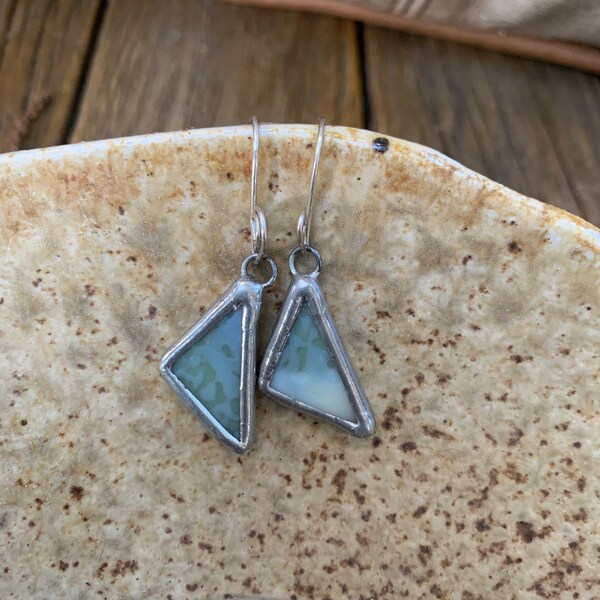 Color changing khaki to opal stained glass triangle earrings on sterling silver earwires