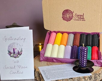 16 Mini Beeswax Spell Candle Kit & Holder with Booklet and Colour Chart, Witch Starter Kit, Witchcraft Pagan Wiccan Rituals