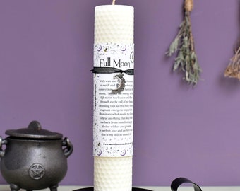 White Full Moon Ritual Beeswax Pillar Candle for Witchcraft and Spiritual Moon Meditations