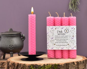 Pink Spell Candles with a Wildflower Seeded Paper Label, Made from Beeswax with a Hemp Wick, Witchcraft Supplies, Wiccan and Pagan Rituals