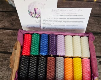 16 Coloured Mini Beeswax Spell Candle Kit with Booklet and Colour Chart with Wax Scrying Bonus, Witchcraft Wiccan and Pagan Altar Supplies