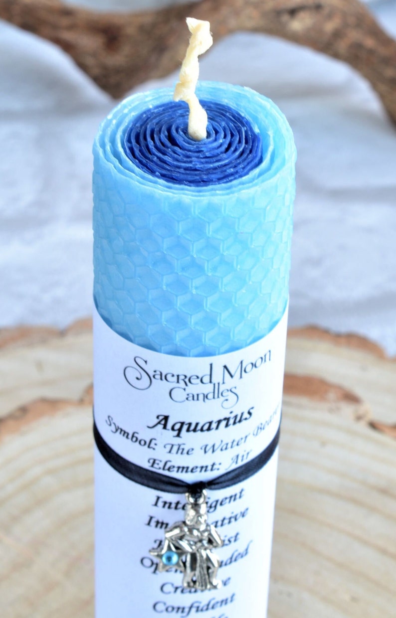 Aquarius Gift Pillar Candle with an Optional Black Chamberstick Candle Holder, Star Sign Zodiac, Thoughtful Birthday Present. image 8
