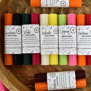 Sabbat Beeswax Spell Candles, Pagan Wheel Of The Year Rituals, Samhain, Yule, Imbolc, Ostara, Beltane, Litha, Lammas, Mabon, Witchcraft Shop