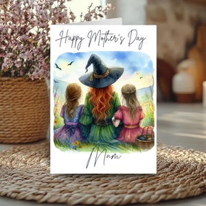 Carte mystique pour la fête des mères, maman sorcière et deux filles, joyeuse fête des mères