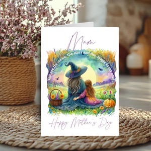 Carte mystique pour la fête des mères, maman et fille sorcières, joyeuse fête des mères