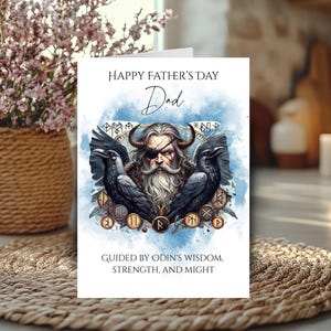 Carte Odin pour la fête des pères pour papa, conception de runes de la mythologie nordique avec corbeaux, 7 x 5 pouces imprimée sur carte blanche avec enveloppe